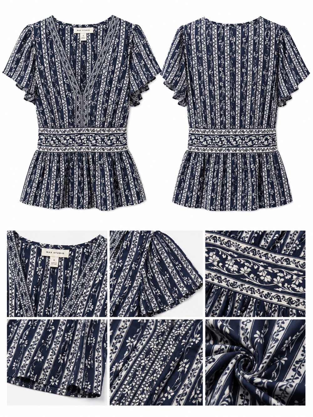 Max Studio Navy and White Floral Stripe Peplum Blouse